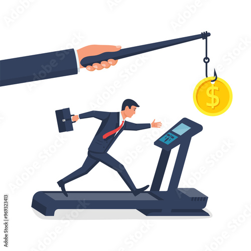 Incentive concept. Business metaphor. Personnel management leadership. Motivate people. Big hand holds gold coin on stick, businessman running for bait on the treadmill. Vector flat illustration.