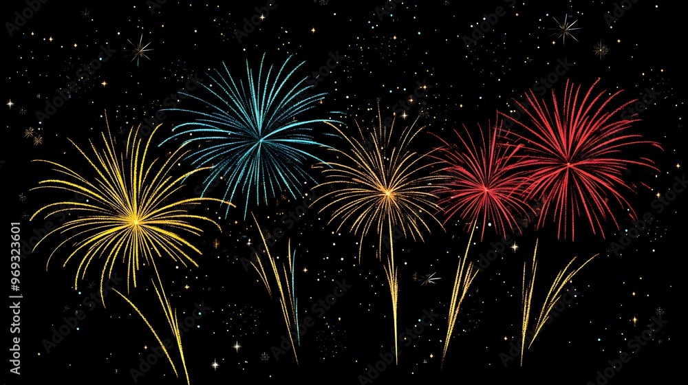 From below shot of wonderful vivid fireworks exploding on background of black night sky From below shot of wonderful vivid fireworks exploding on background of black night sky