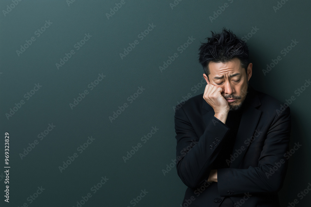 Tired Asian professional in suit shows signs of workplace burnout and mental fatigue. Dark teal background emphasizes emotional struggle in high pressure corporate setting. Tired Asian professional in suit shows signs of workplace burnout and mental fatigue. Dark teal background emphasizes emotional struggle in high pressure corporate setting.