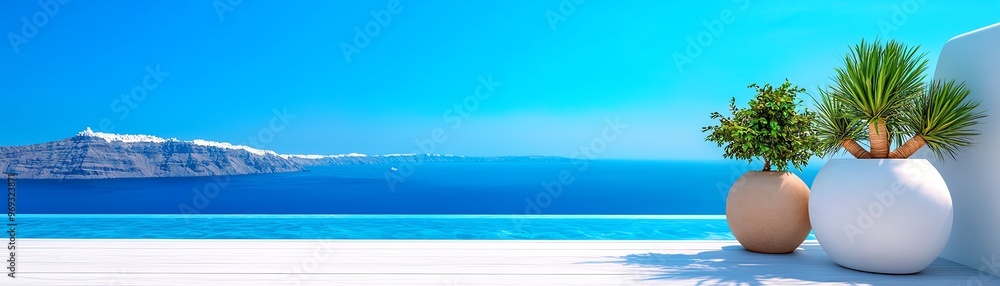 A serene coastal view featuring potted plants against a vibrant blue sea and sky, ideal for relaxation and escape themes. A serene coastal view featuring potted plants against a vibrant blue sea and sky, ideal for relaxation and escape themes.