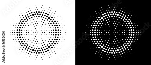 Modern abstract background. Halftone dots in circle form. Round logo. Vector dotted frame. Design element or icon. Black shape on a white background and the same white shape on the black side.