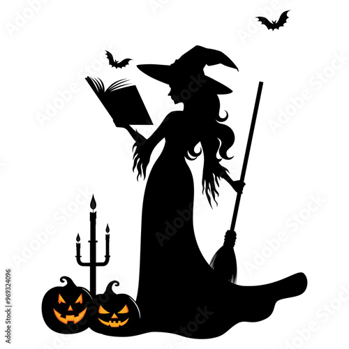 Silhouette Witch reading a magic book. Candlestick and evil pumpking on the ground and two bat flying above.