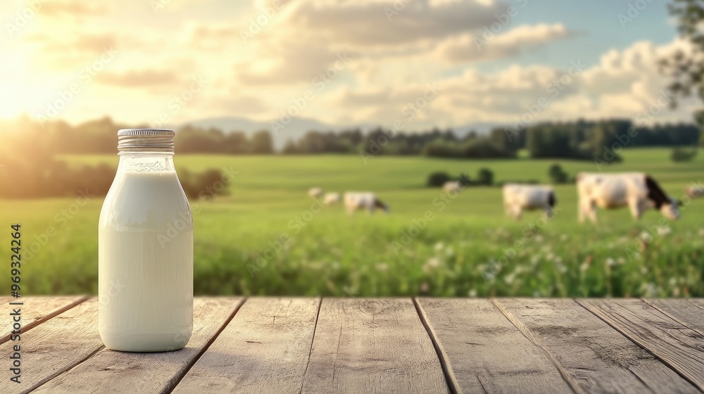 Milk bottle on wooden planks with a distant view of cows grazing in a green field, representing fresh dairy from the farm. Milk bottle on wooden planks with a distant view of cows grazing in a green field, representing fresh dairy from the farm.