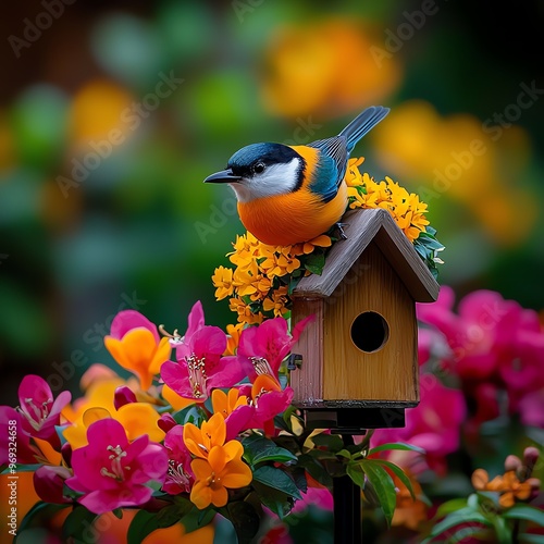 A vibrant bird perched on a colorful birdhouse surrounded by blooming flowers, showcasing nature's beauty and springtime colors.