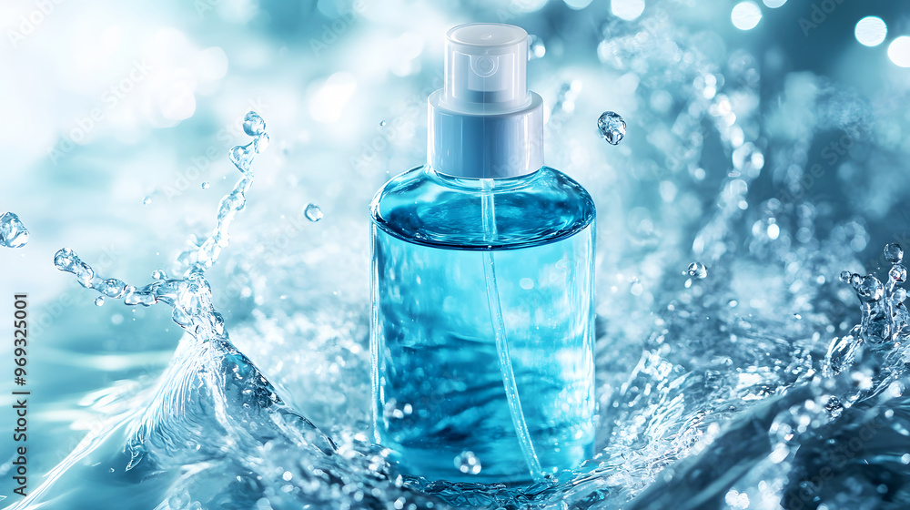 cool, blue-toned setting for a bottle of hand moisturizer cream, surrounded by fresh water splashes to symbolize hydration cool, blue-toned setting for a bottle of hand moisturizer cream, surrounded by fresh water splashes to symbolize hydration