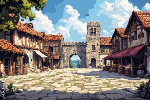 Retro 8-bit Medieval Village Square with Market Stalls | Creative Pixel Art Scene for Design Copy Space