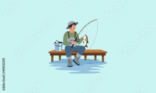 fisherman sitting on a dock, holding a fishing rod and a fish.