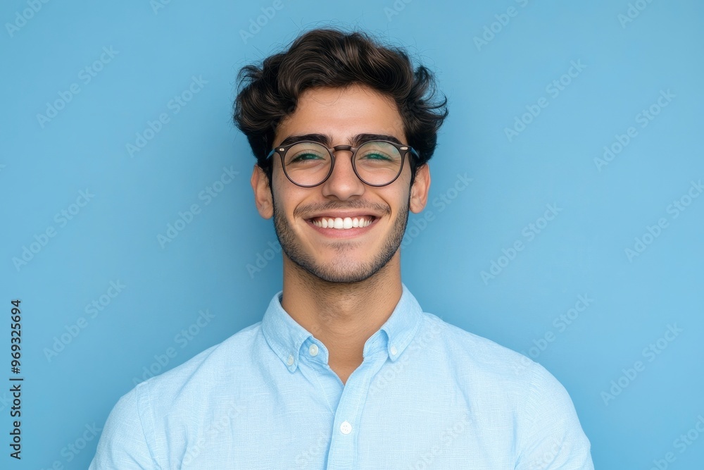 Portrait of young smiling latin man in blue shirt and glasses, feeling confident, isolated on blue background with generative ai Portrait of young smiling latin man in blue shirt and glasses, feeling confident, isolated on blue background with generative ai