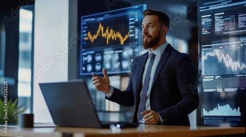 A business consultant explaining the benefits of cryptocurrency to clients in a stylish office with digital presentations