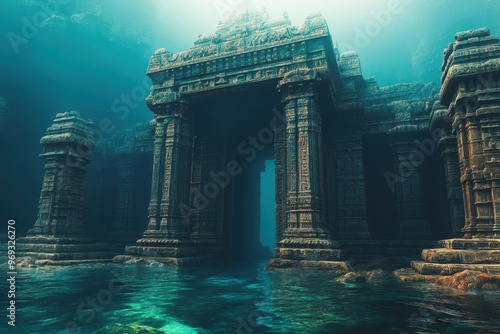 Serene 8-Bit Underwater Temple with Copy Space | Peaceful Retro Gaming Background