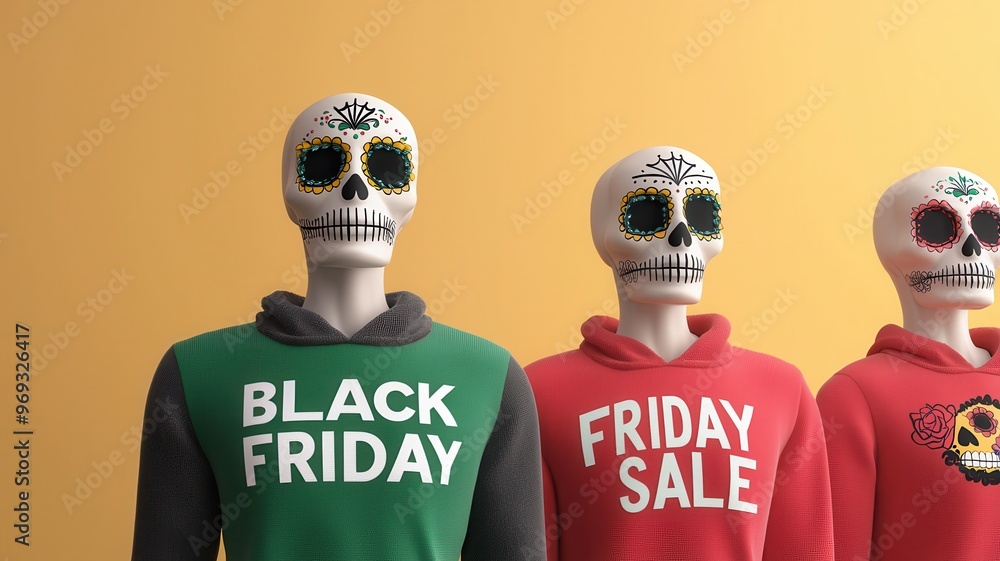 Colorful mannequins with skull designs showcase trendy hoodies for Black Friday and sale promotions on a vibrant background. Colorful mannequins with skull designs showcase trendy hoodies for Black Friday and sale promotions on a vibrant background.