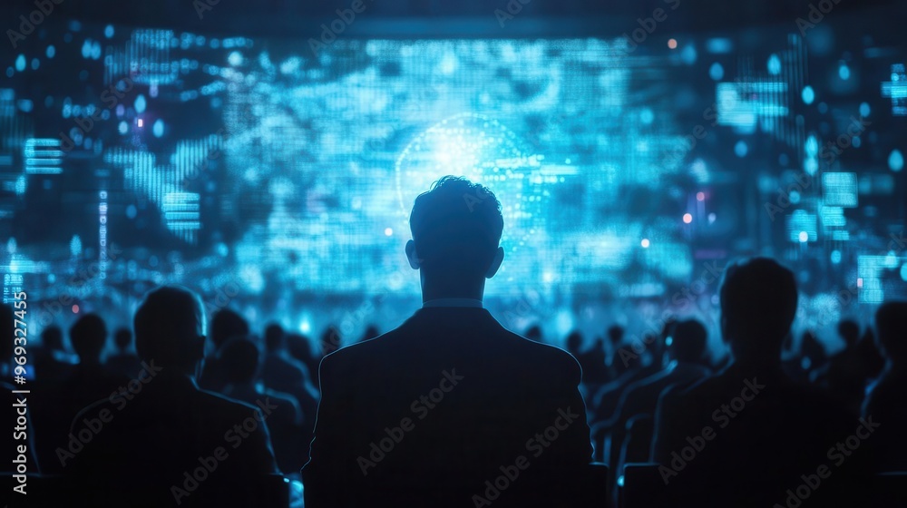 audience silhouettes face massive screen in dimly lit auditorium digital presentation glows with futuristic data visualizations audience silhouettes face massive screen in dimly lit auditorium digital presentation glows with futuristic data visualizations