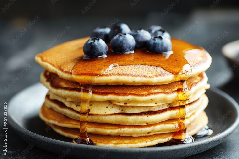 A stack of fluffy pancakes drizzled with maple syrup and topped with fresh blueberries A stack of fluffy pancakes drizzled with maple syrup and topped with fresh blueberries