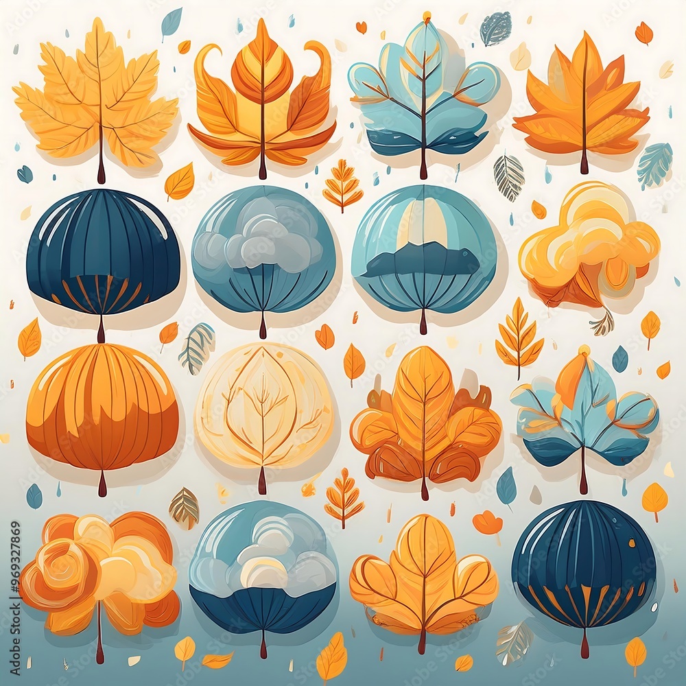 Fototapeta premium Minimalist Autumn Weather Icons - set of simple autumn weather icons such as rain umbrellas, fall leaves, trees. Graphic art illustration. Vibrant colors