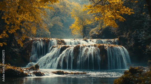 Autumn waterfall landscape in beautiful nature travel. Mountain road scenery. Fall  colorful forest with river. Nature trip photo