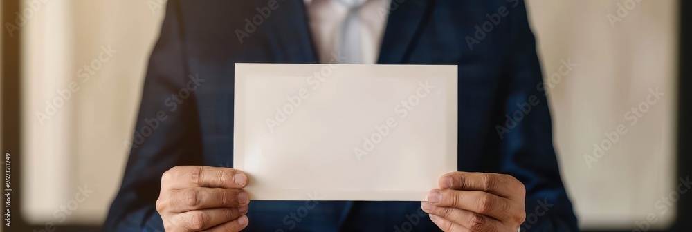 A businessman in formal attire holding a blank white envelope, symbolizing communication, confidentiality, or an official document. A businessman in formal attire holding a blank white envelope, symbolizing communication, confidentiality, or an official document.