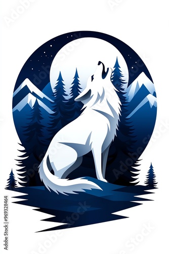 A majestic white wolf howling under a starry night sky, surrounded by tranquil mountains and serene pine trees.