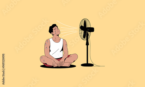 man cooling off in front of an electric fan, sweating heavily
