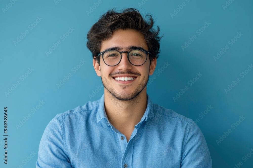 Portrait of young smiling latin man in blue shirt and glasses, feeling confident, isolated on blue background with generative ai Portrait of young smiling latin man in blue shirt and glasses, feeling confident, isolated on blue background with generative ai