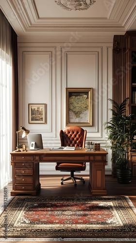 Classic Home Office Illustration - Elegant Desk, Leather Chair, and Ornate Rug