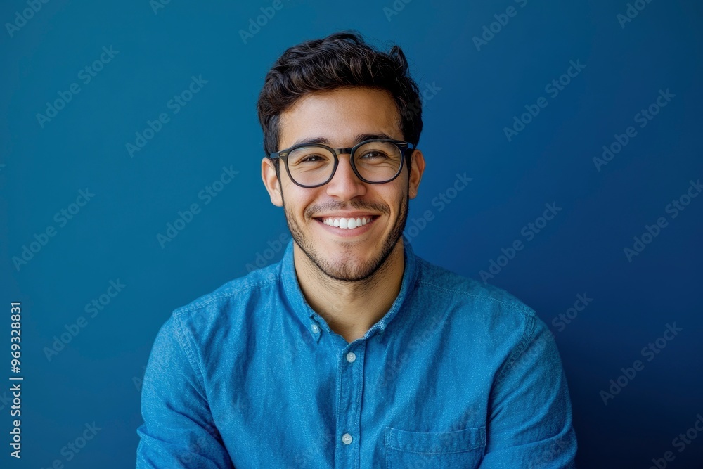 Obraz premium Portrait of young smiling latin man in blue shirt and glasses, feeling confident, isolated on blue background with generative ai
