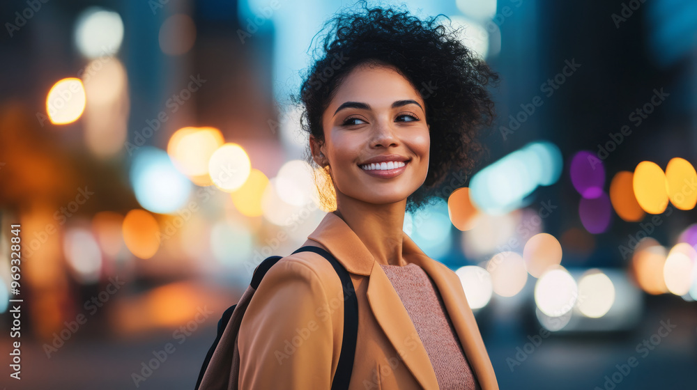 A business professional leaving the office on time to enjoy an evening with friends A business professional leaving the office on time to enjoy an evening with friends