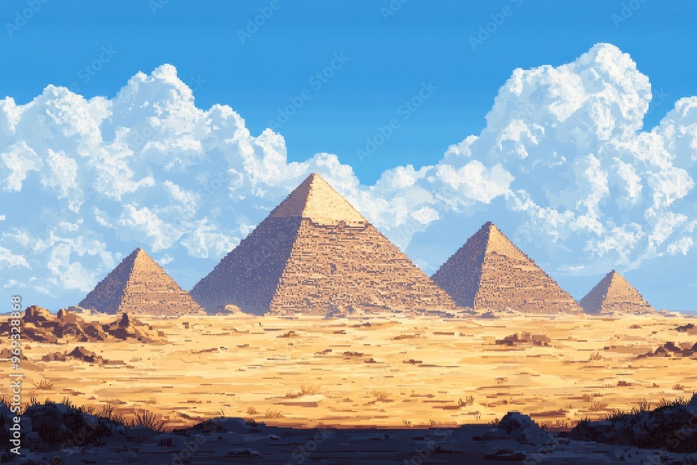 Digital Desert Landscape with Pixelated Pyramids and Copy Space for Text - Abstract Geometric Background Concept Digital Desert Landscape with Pixelated Pyramids and Copy Space for Text - Abstract Geometric Background Concept