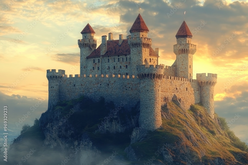 Majestic Retro Medieval Castle with Towers Against Open Sky for Copy Space