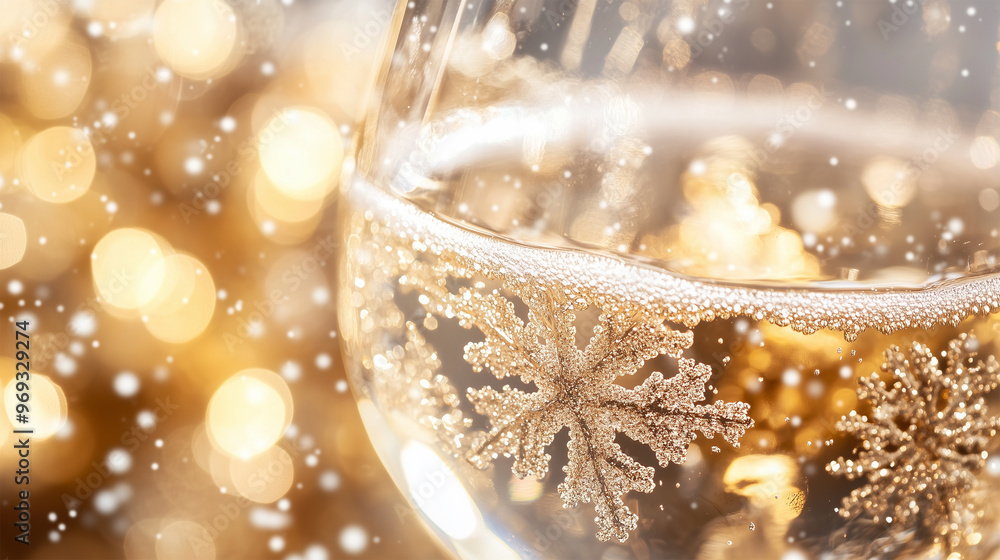 Close Up of Glasse of Champagne with Bubbles and Snowflake on Light Bokeh Background, New Year's Card with Copy Space. Close Up of Glasse of Champagne with Bubbles and Snowflake on Light Bokeh Background, New Year's Card with Copy Space.
