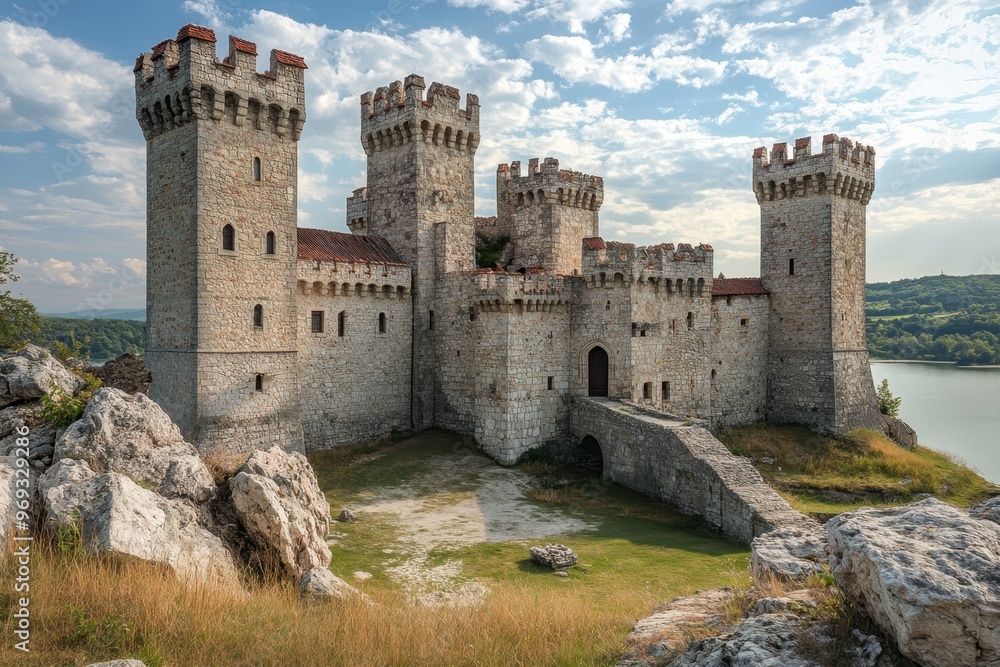 Majestic Retro Medieval Castle with Tower and Copy Space Under Open Sky Majestic Retro Medieval Castle with Tower and Copy Space Under Open Sky