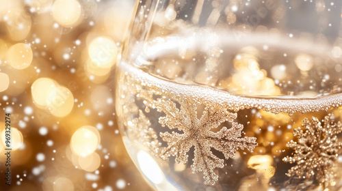 Wallpaper Mural Close Up of Glasse of Champagne with Bubbles and Snowflake on Light Bokeh Background, New Year's Card with Copy Space. Torontodigital.ca