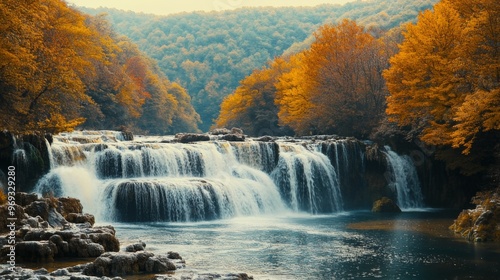 Autumn waterfall landscape in beautiful nature travel. Mountain road scenery. Fall  colorful forest with river. Nature trip photo