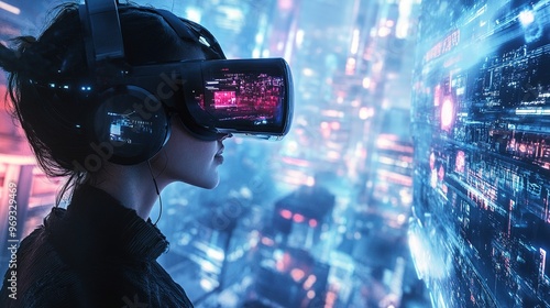 A concept image of virtual and augmented reality merging in a futuristic world