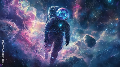 avantgarde spacesuit design featuring bioluminescent accents and fractalinspired patterns set against a backdrop of swirling cosmic nebulae and distant alien worlds photo