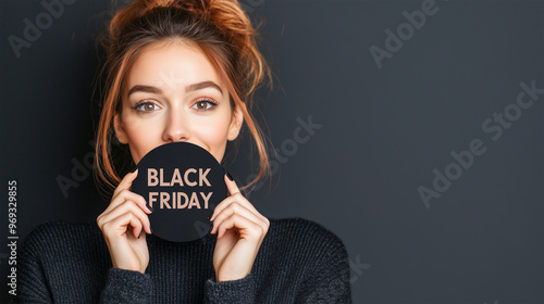 Happy Woman in Casual Black Jumper Holding Sticker with Black Friday Typography, Black Week Promotion and Sale Concept.