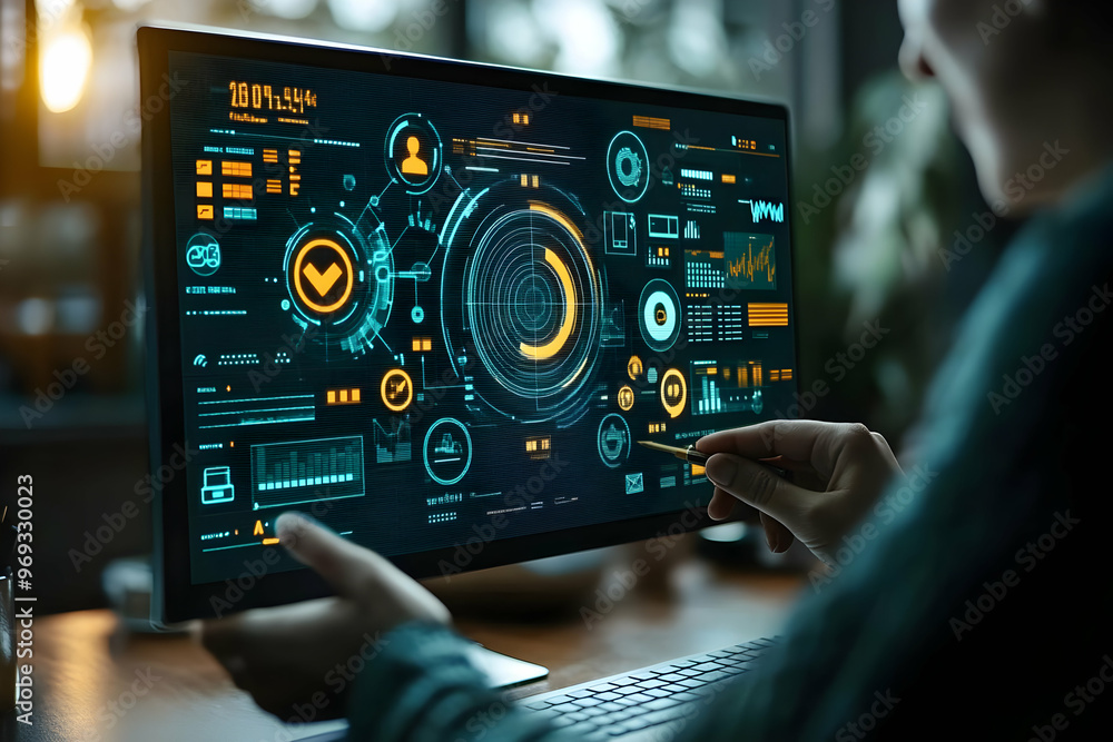 Innovative Technology Illustration - Person Analyzing Data with Futuristic Software Innovative Technology Illustration - Person Analyzing Data with Futuristic Software