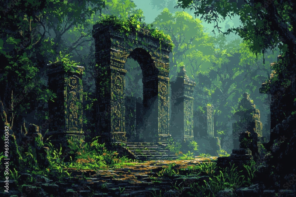 Digital Jungle Escape - Pixelated temples amidst a lush virtual forest with space for text overlay. Digital Jungle Escape - Pixelated temples amidst a lush virtual forest with space for text overlay.