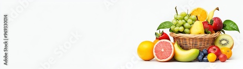 A vibrant assortment of fresh fruits arranged in a decorative basket, showcasing healthy and colorful produce.