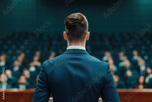 Rear view of a man in a suit standing before an audience in a large auditorium, addressing a crowd or giving a presentation