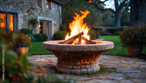 An inviting stone fire pit in a backyard, with a warm flame burning, creating a cozy atmosphere.