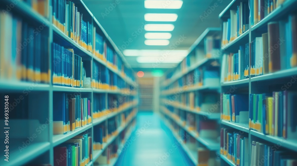 Soft focus of a college library interior with shelves of books, ideal for abstract educational themes and resource-related backgrounds Soft focus of a college library interior with shelves of books, ideal for abstract educational themes and resource-related backgrounds