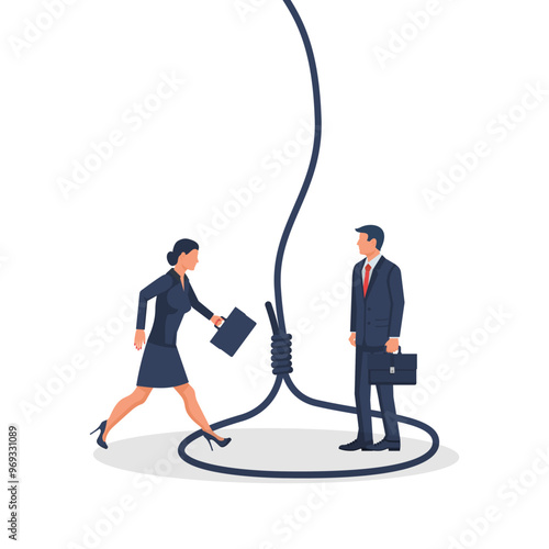 Trap concept. Man and a woman are trapped. Business metaphor. Vector illustration flat design. Isolated on a white background. People were caught in a rope loop.