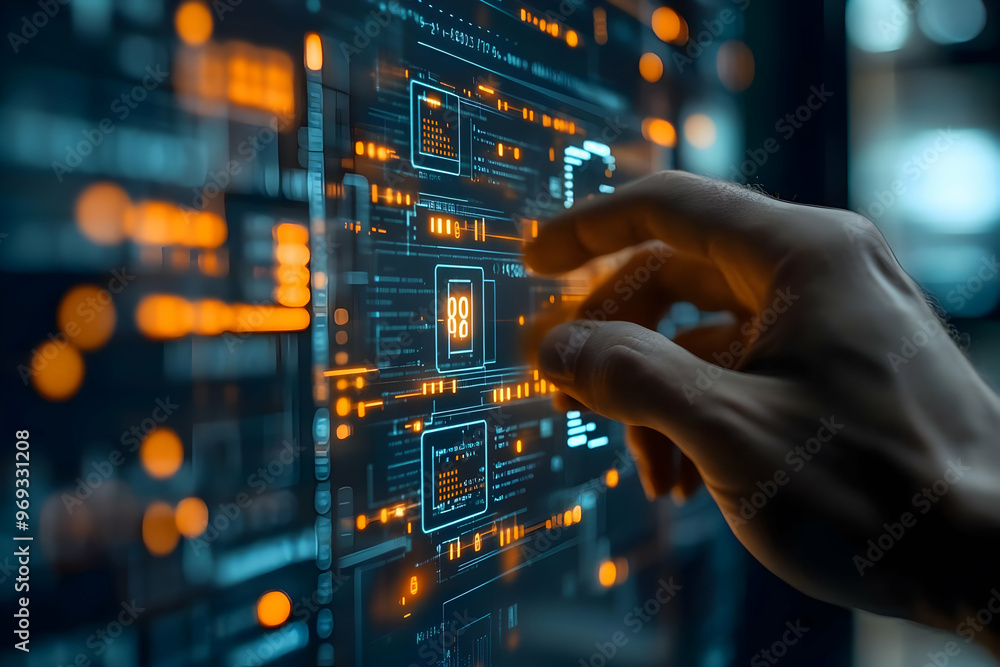 Technology Abstract Illustration - Hand Interacting With Futuristic Interface Technology Abstract Illustration - Hand Interacting With Futuristic Interface