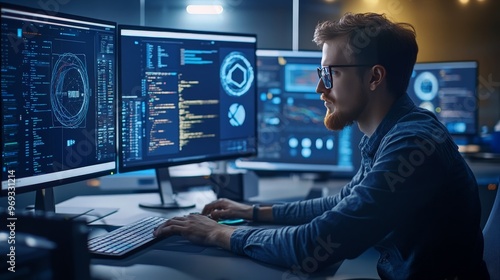 A tech professional working on a powerful desktop computer with multiple monitors and advanced software applications.