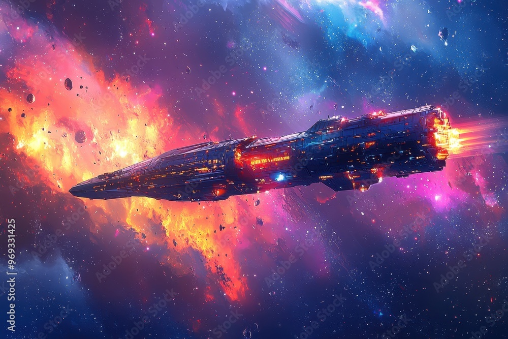 Naklejka premium Retro Pixelated Spaceship Flying Through Space with Copy Space