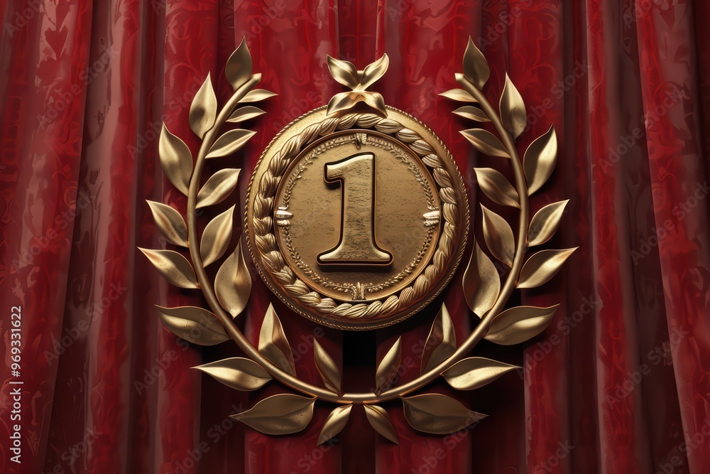 Fototapeta premium A golden medal with a '1' engraved, surrounded by laurel leaves, symbolizing victory and achievement on a rich red curtain backdrop.