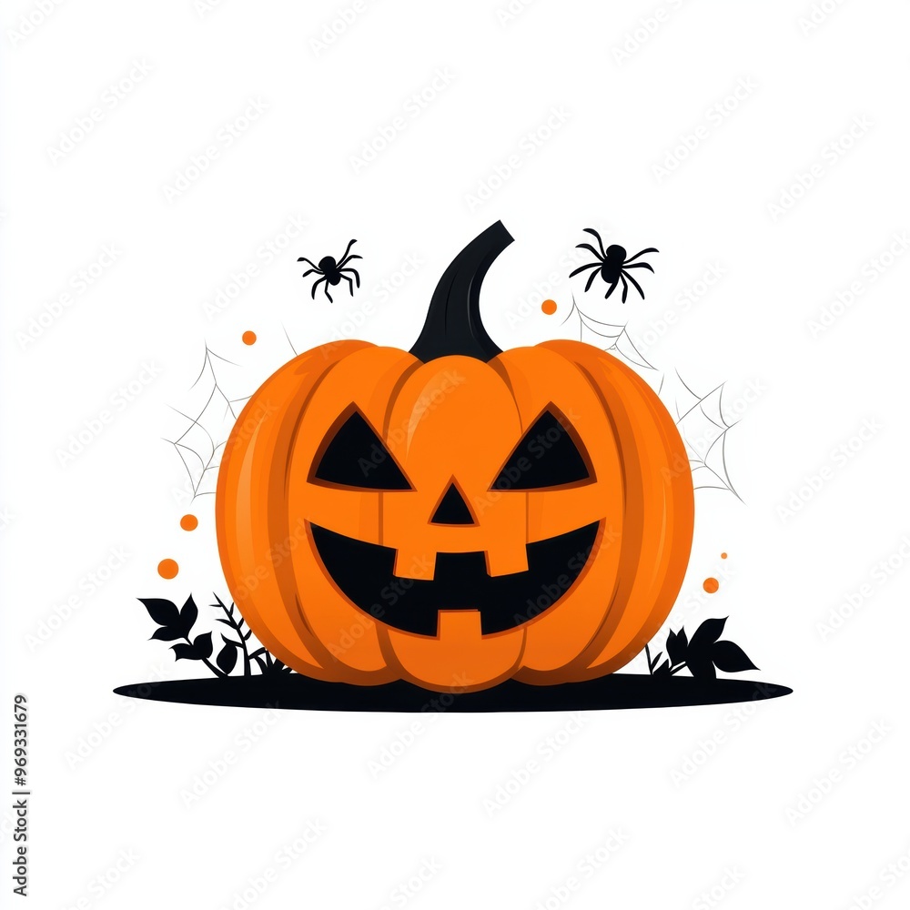 A cheerful Halloween pumpkin with a carved face, surrounded by spiders and web decorations, perfect for festive imagery. A cheerful Halloween pumpkin with a carved face, surrounded by spiders and web decorations, perfect for festive imagery.