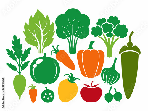 Vegetables Color And Black Silhouette.vegetables silhouette, black vegetable vector, 