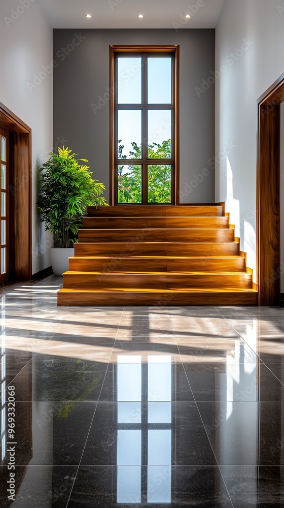 Spacious modern hallway with elegant wooden stairs, large window, and greenery bringing natural light and warmth to the interior. Spacious modern hallway with elegant wooden stairs, large window, and greenery bringing natural light and warmth to the interior.