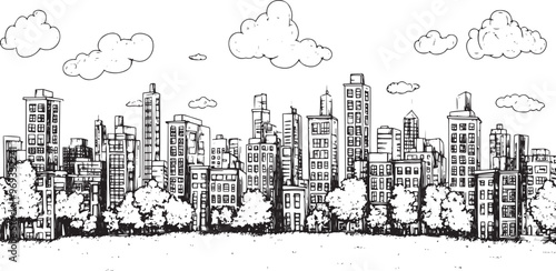 City landscape. Line urban backdrop. Skyline with clouds, different buildings on street, doodle street draw, outline cityscape hand sketch, flat houses. Hand drawn vector illustration	